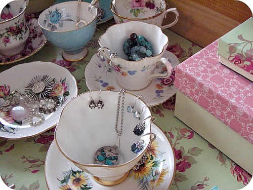 Jewelry Organization Ideas - Drawer with vintage teacups and saucers - Satori Design for Living