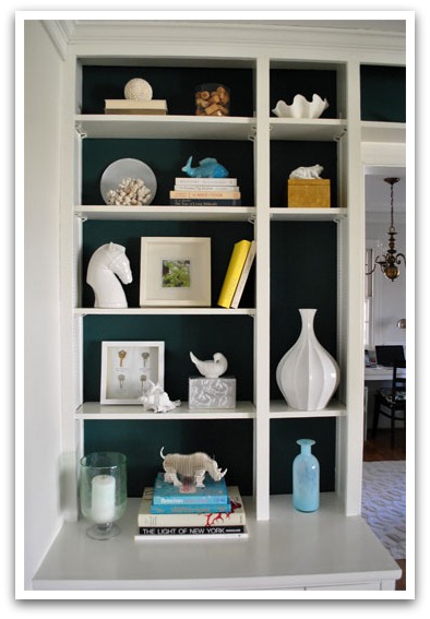 Style Your Bookcase - Teal Back-painted bookcase by Young House Love