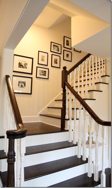 Beautiful Stairwell with White Risers and Espresso Hardwood Treads via Cote de Texas