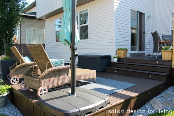 Backyard Updates - Behr Cordovan Brown Stained Deck with Wicker Lounge Chairs