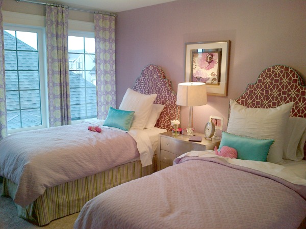 Purple Girl's Bedroom with Graphic Upholstered Headboards by Morrison Homes