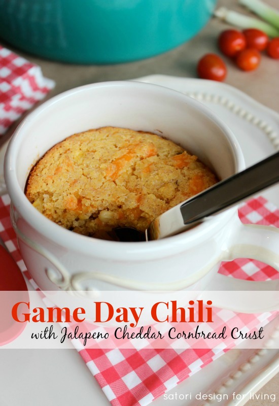 Game Day Chili with Jalapeño Cheddar Cornbread Crust in Bowl