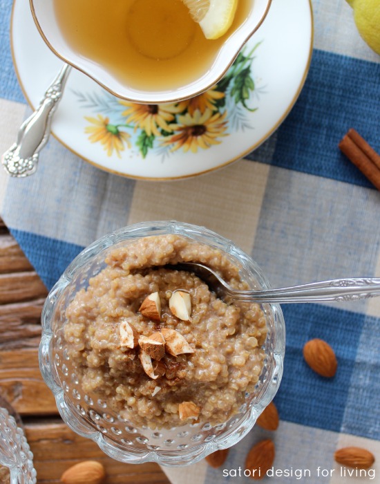 Coconut Quinoa Pudding with Tea in Yellow Floral Tea Cup and Saucer