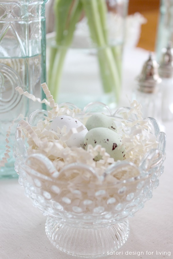 Nature Inspired Easter Decor - Glass Bowl Nests with Speckled Chocolate Eggs