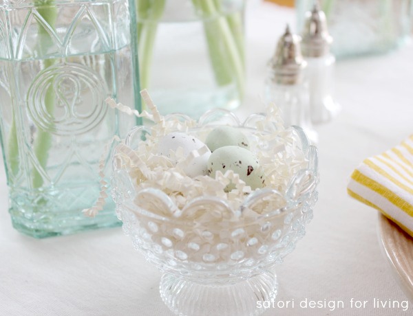 Nature Inspired Easter Tablescape - Glass Bowl Nests with Speckled Chocolate Eggs 