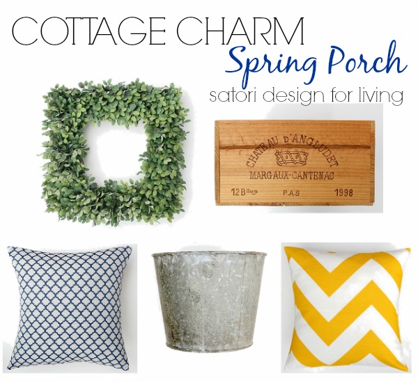 Front Porch Decorating Ideas for Spring, Including Square Boxwood Wreath, Vintage Sap Bucket, Yellow Pillow and More