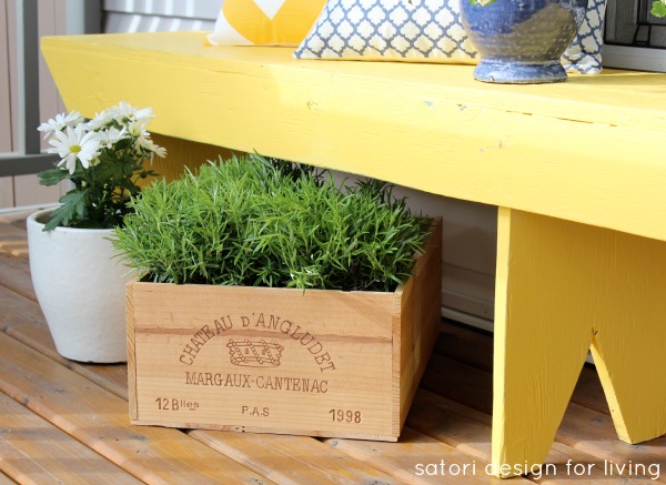 Spring Front Porch - Cottage Style with Vintage Finds - Rustic Yellow Bench with Wine Crate Planter 