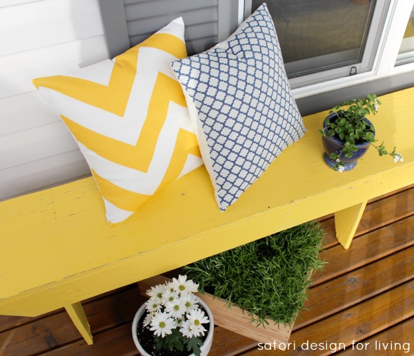 Spring Front Porch Decorating Ideas - Yellow Chevron Pillow and Blue Tile Pillow from Etsy