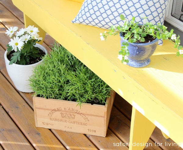 Spring Front Porch Decorating - Cottage Style - Yellow Bench with Wine Crate Planter and Blue Decor