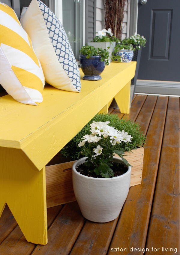 Cottage Charm Spring Front Porch with Bright Yellow Painted Bench - Satori Design for Living