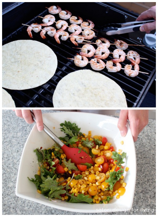 Shrimp Tacos with Toasted Chipotle Corn and Tomato Salad 