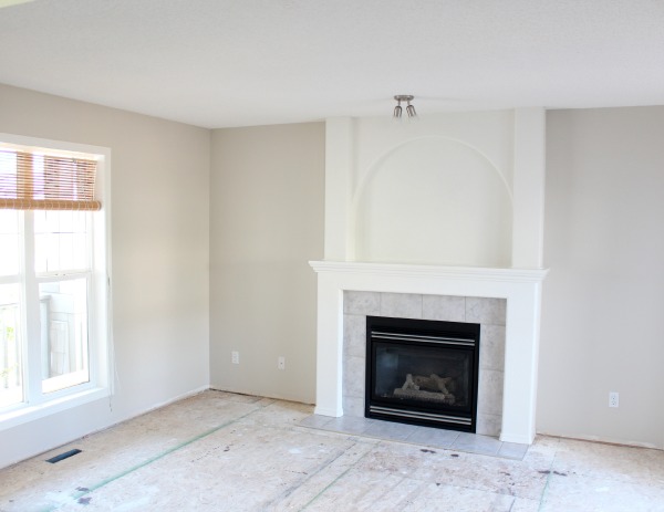 Benjamin Moore Baby Fawn OC-15 Living Room Walls with White Dove Fireplace and Trim