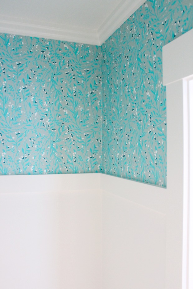 Powder Room WIth Turquoise Floral Wallpaper and Benjamin Moore White Dove Painted Trim 