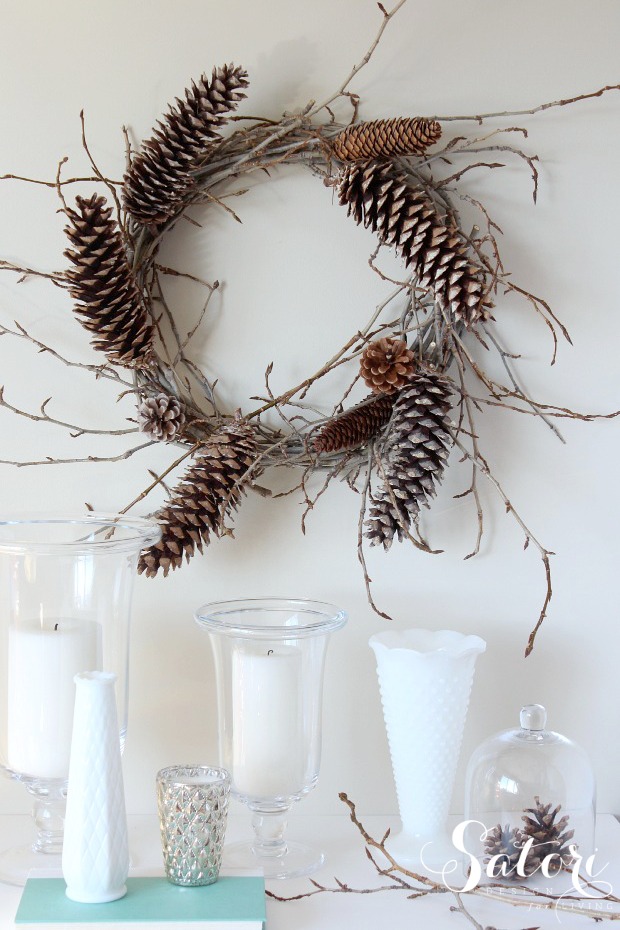 DIY Woodland Wreath Made with Twigs and Pine Cones 