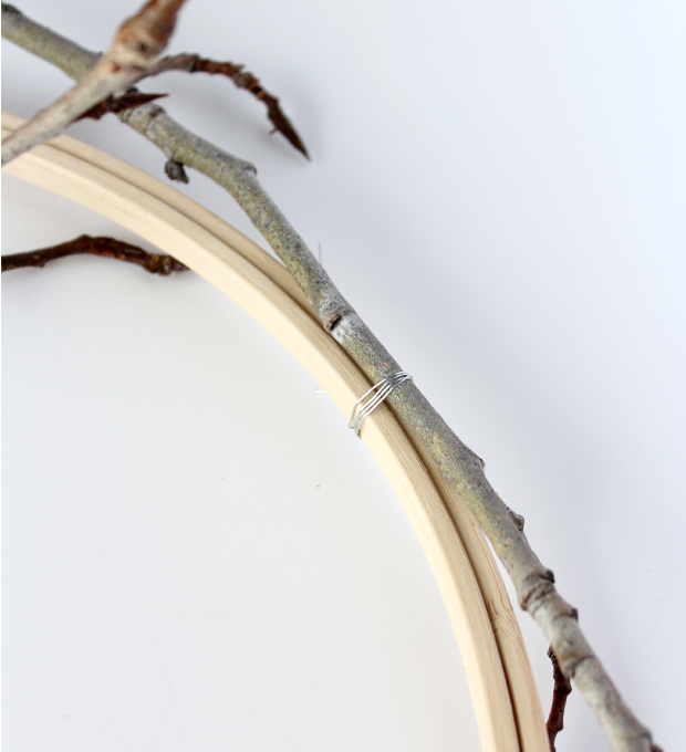 Woodland Wreath Tutorial with Twigs Wrapped Around an Embroidery Hoop