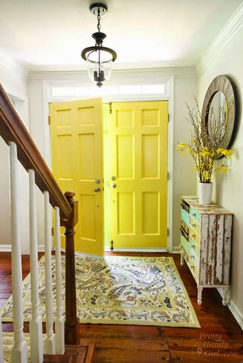 Interior of Front Double Doors Painted in Benjamin Moore Yellow Highlighter 