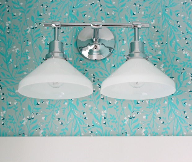 Polished Chrome Double Sconce With Milk Glass Shades from Rejuvenation 