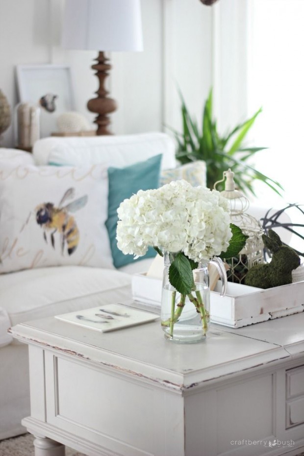 Living Room with Hydrangeas on Coffee Table 