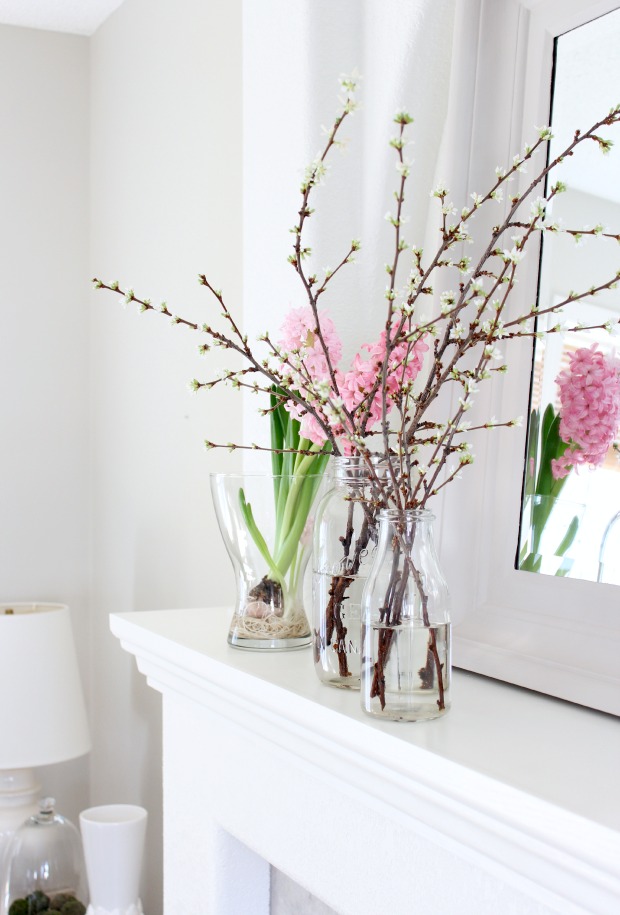 Branches With White Blossoms on Fireplace Mantel 