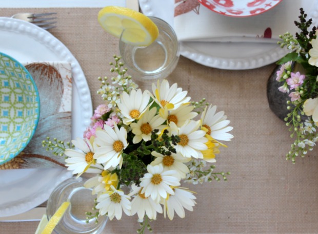 Country Garden Party Tablescape with Log Floral Arrangements - Country Themed Centerpieces