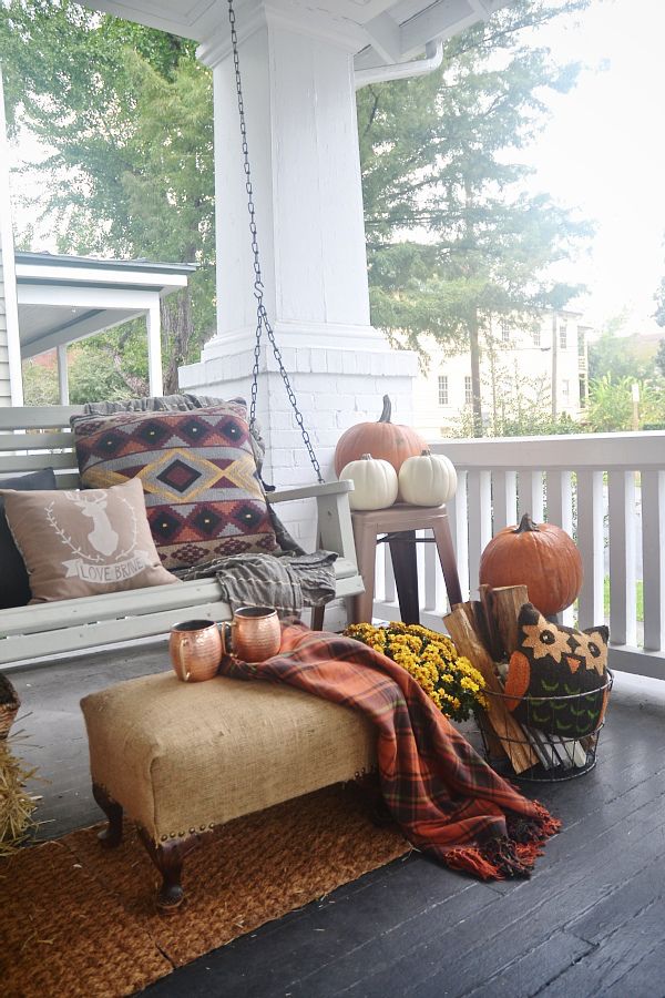 Fall Front Porch With Swing, Pumpkins and Pillows