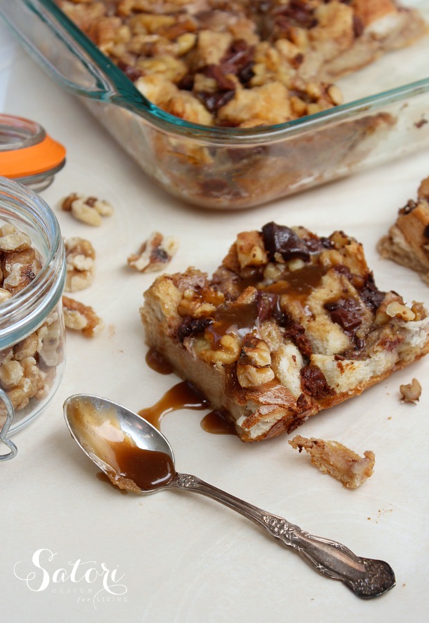 Banana Bread Pudding with Chocolate Chunks and Buttered Rum Sauce 