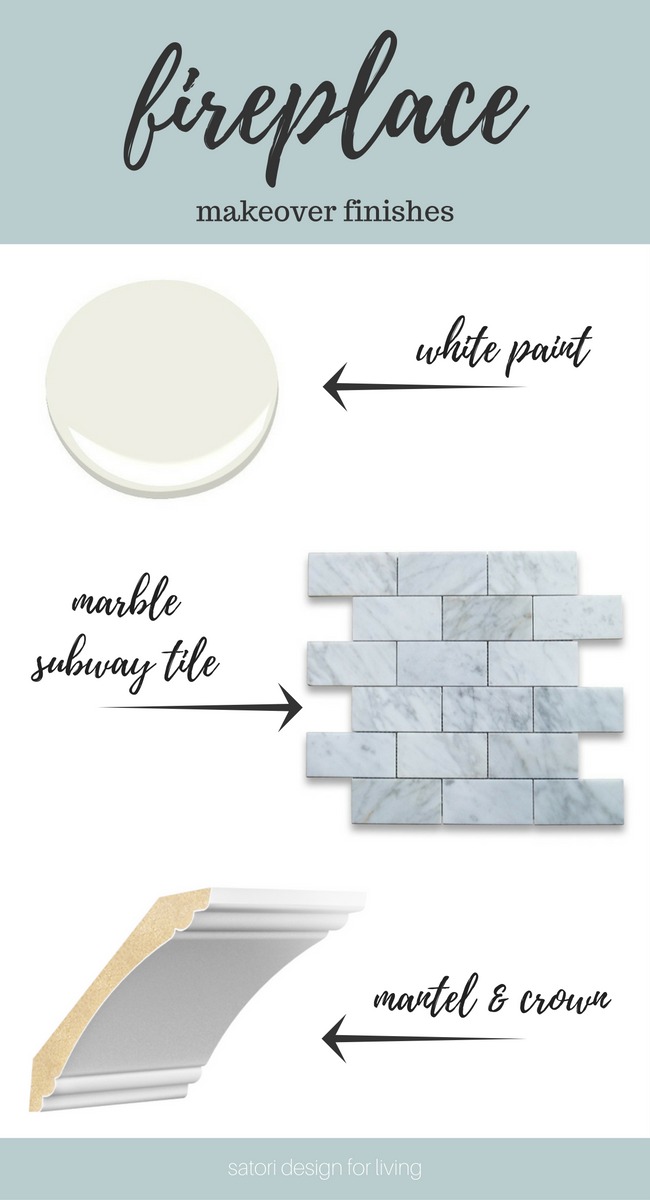 White and Marble Fireplace Makeover Details - White Dove Paint, Marble Subway Tile, Interior Finishings from Metrie