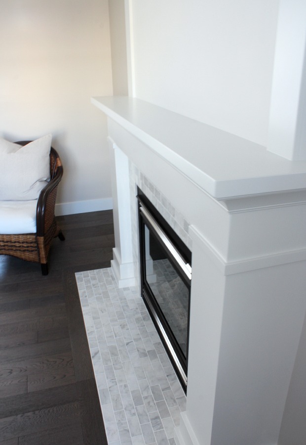 Marble Subway Tile Fireplace Hearth and Surround with White Mantel