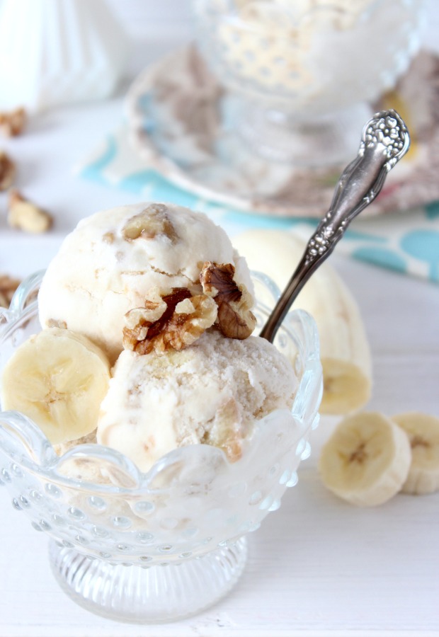 Bananas Foster Ice Cream with Swirls of Rum-infused Caramel, Chunks of Buttery Banana and Crunchy Walnuts