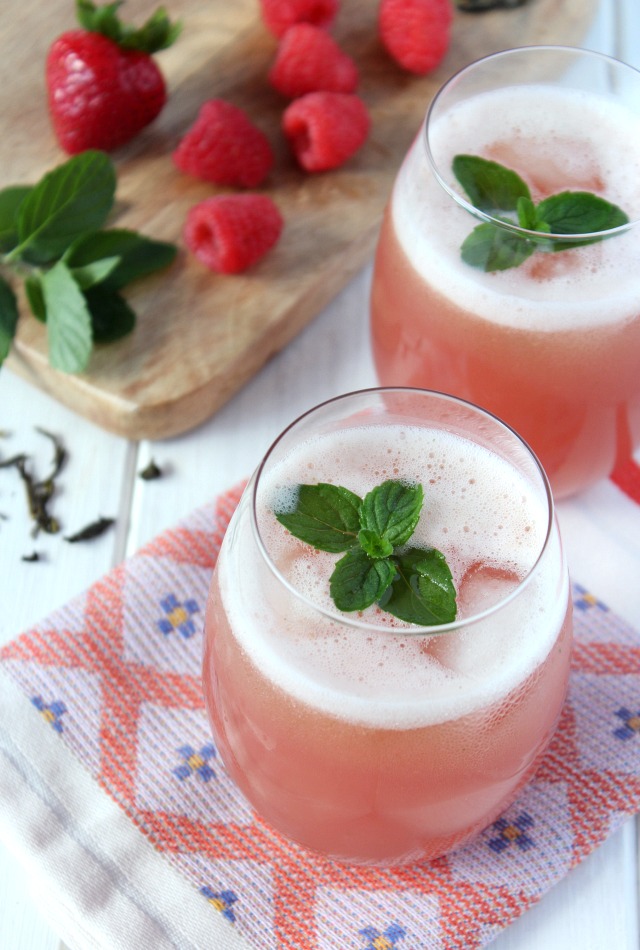 Blended Berry and Mint Green Iced Tea in a Glass