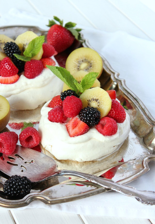 Mini Pavlova with Maple Whipped Cream, Kiwifruit, Raspberries, Strawberries and Blackberries 