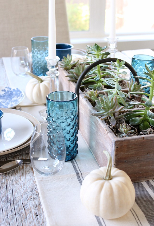 Indigo Blue and White Fall Table Decorations With Succulent Centerpiece