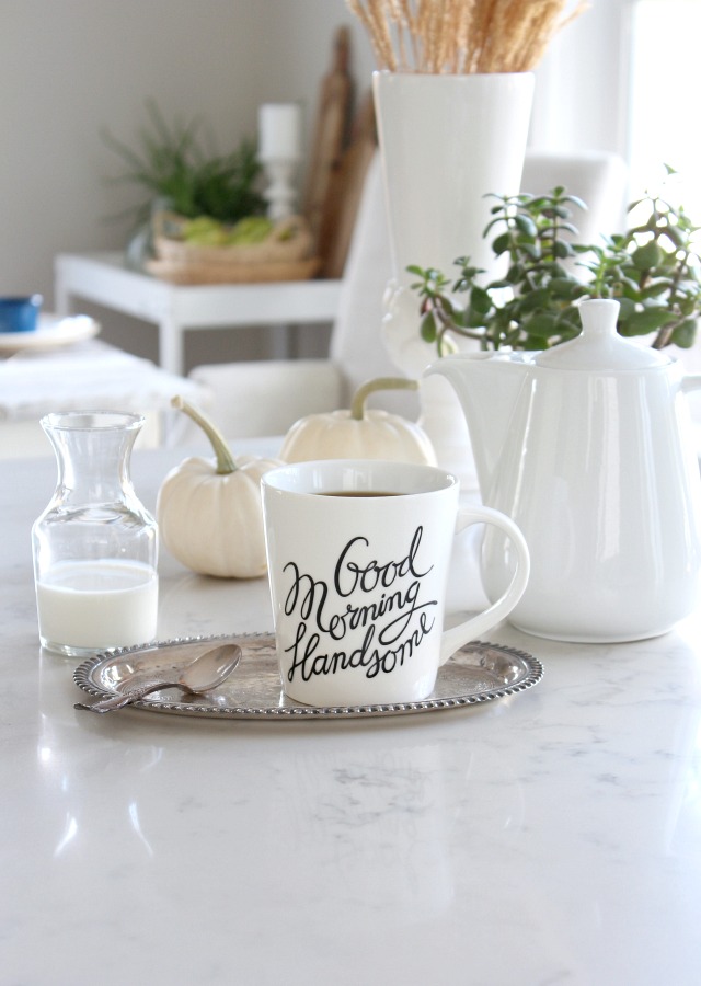 Good Morning Handsome Calligraphy Mug on Silver Tray