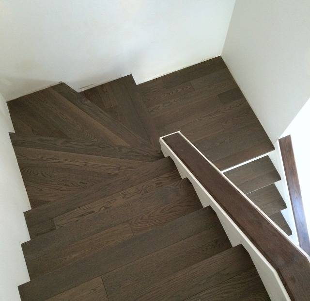 Installing Hardwood Treads and White Risers on Wrap Around Stairs