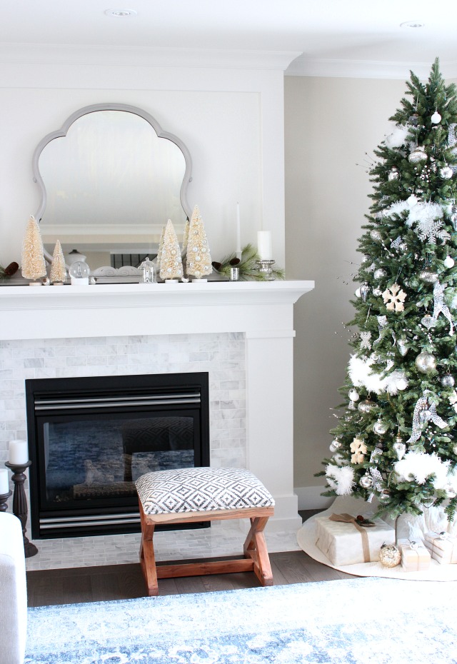 Blue and White Living Room with Neutral Christmas Decor