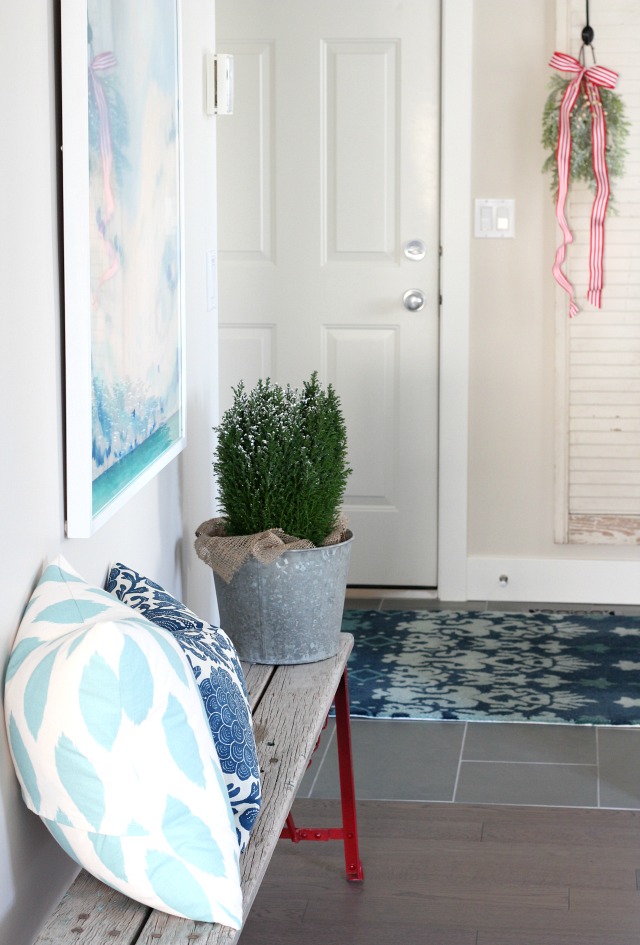 Entryway Rustic Red Bench with Touches of Vintage Christmas Decor