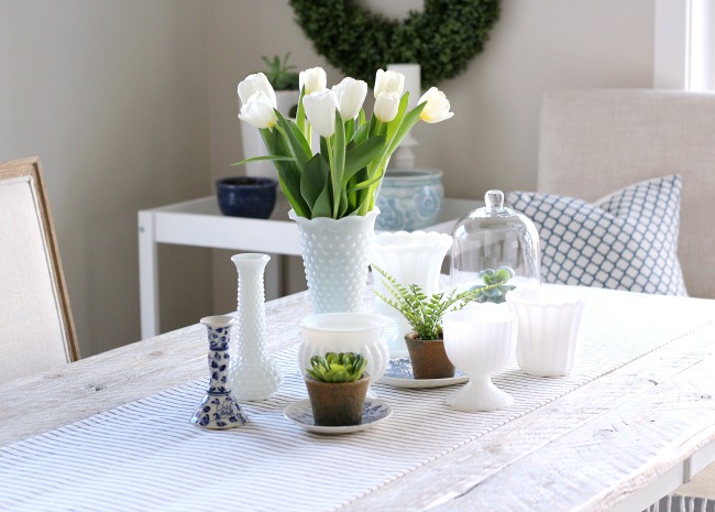 Fresh Spring Table Centerpiece Using Tulips, Thrift Shop Milkglass Vases, Greenery and More