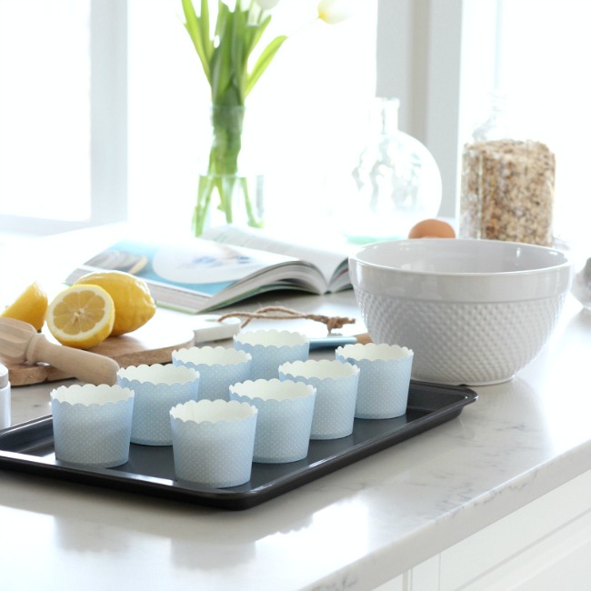 Spring Baking - Blueberry Oat Breakfast Muffins Baked in Blue Scalloped Muffin Cups