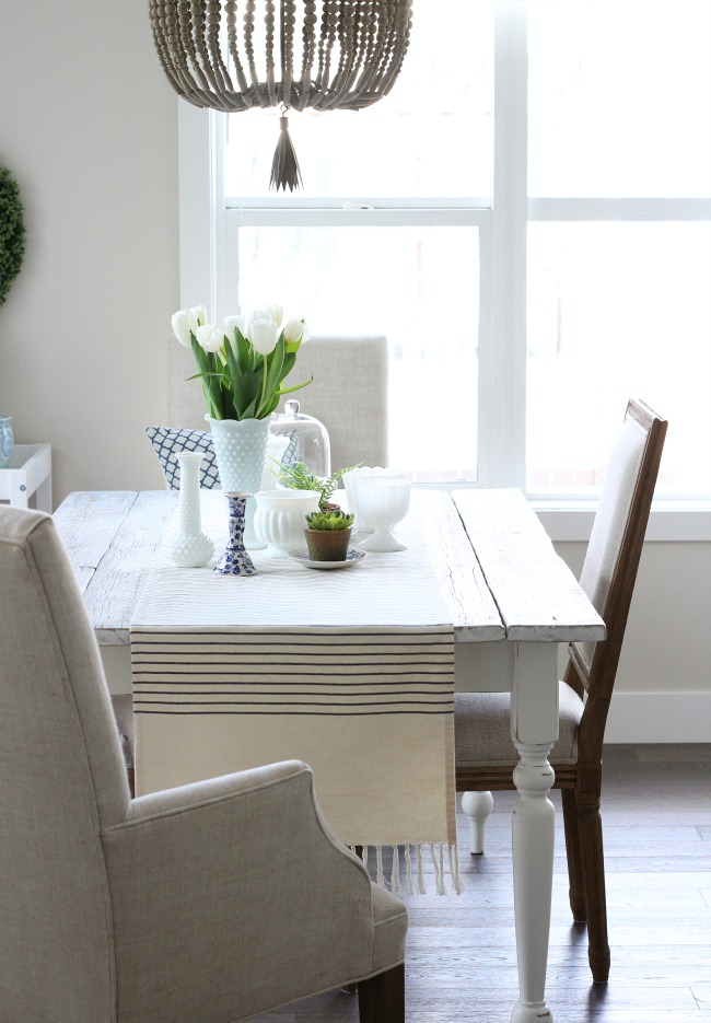 Whitewashed Reclaimed Wood Dining Table and Beaded Chandelier