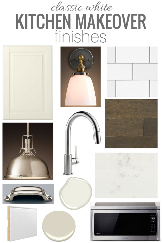 Classic White Kitchen Makeover Finishes, Including Milk Glass Sconce, White Oak Hardwood, Bodbyn Cabinets and White Subway Tile