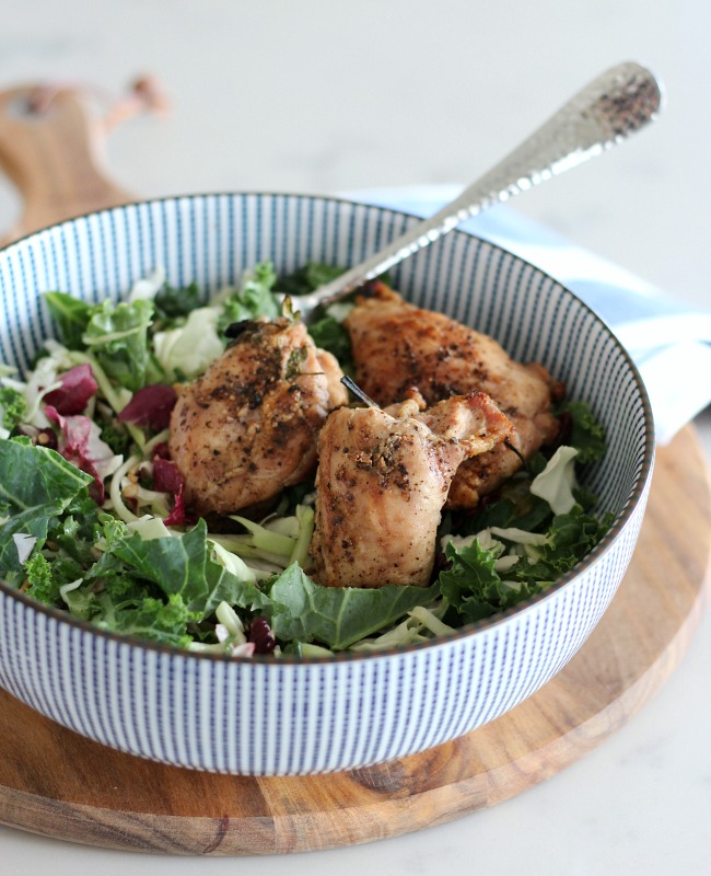 Herb Infused Grilled Chicken Thighs with Kale Sunflower Salad from Eat Smart