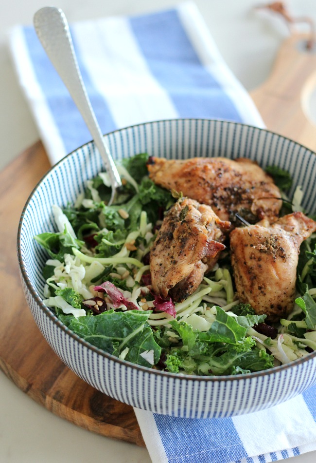 Herb Infused Grilled Chicken and Kale Salad in Blue and White Bowl