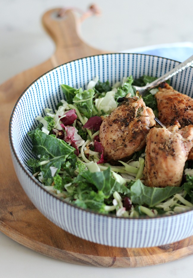 Sunflower Kale Salad with Herb Infused Chicken in Blue Bowl