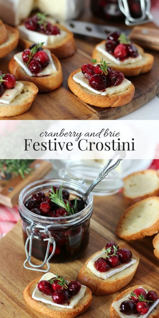 Festive Crostini with Cranberry Compote and Brie on Wood Serving Board