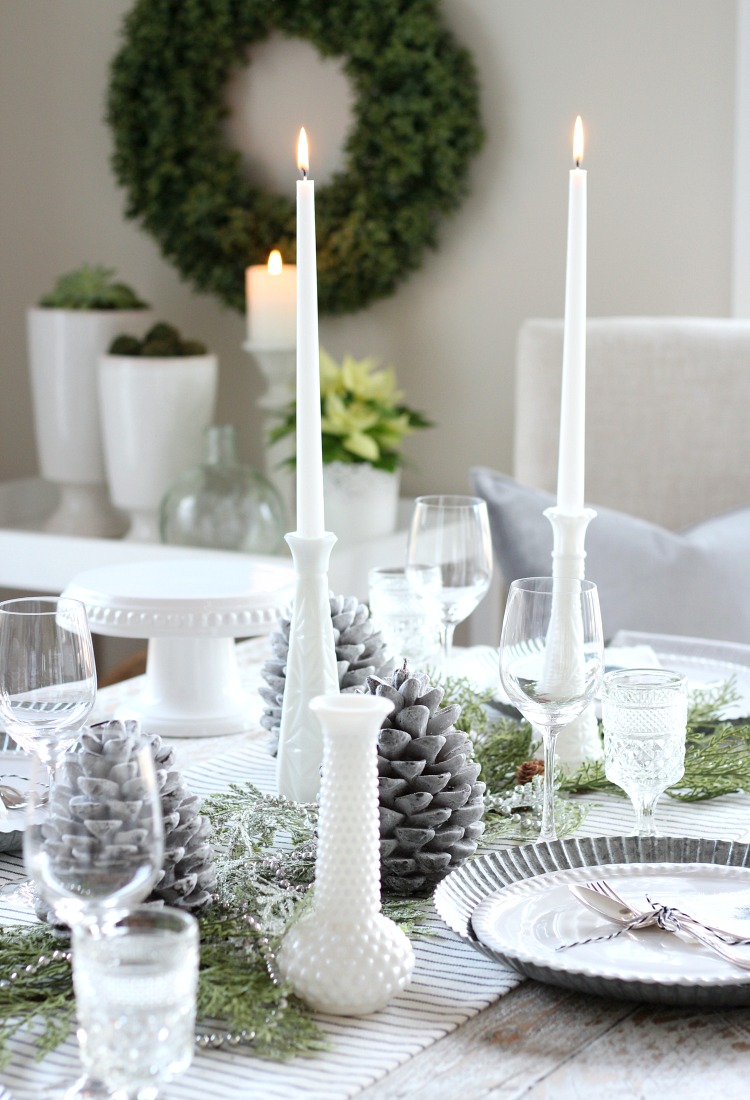 Christmas Tablescape with Vintage Milk Glass Table Decor with Tapered Candles