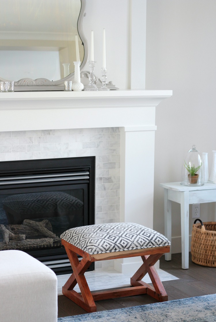 Benjamin Moore White Dove Fireplace and Trim with Marble Subway Tile Surround