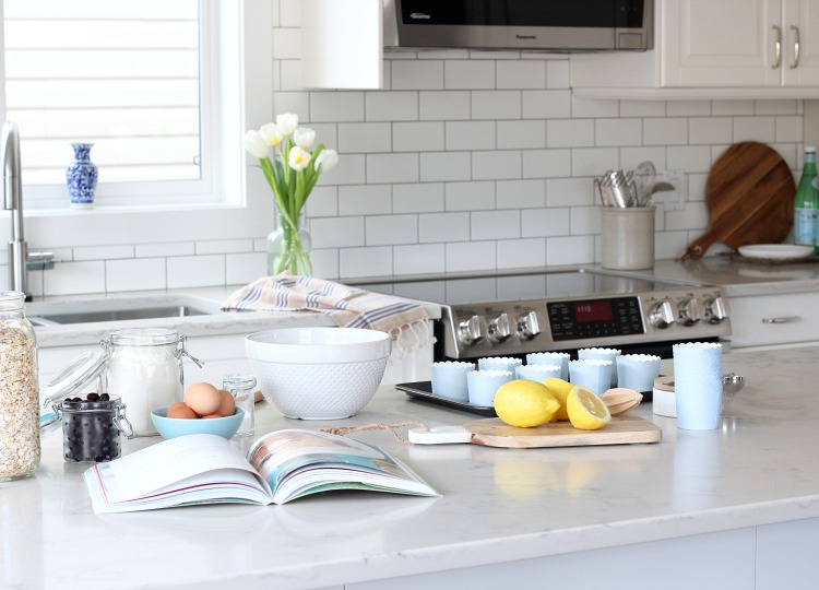 Benjamin Moore White Dove Ceiling, Trim and Doors in the Kitchen with IKEA White Kitchen Cabinets and White Subway Tile Backsplash 