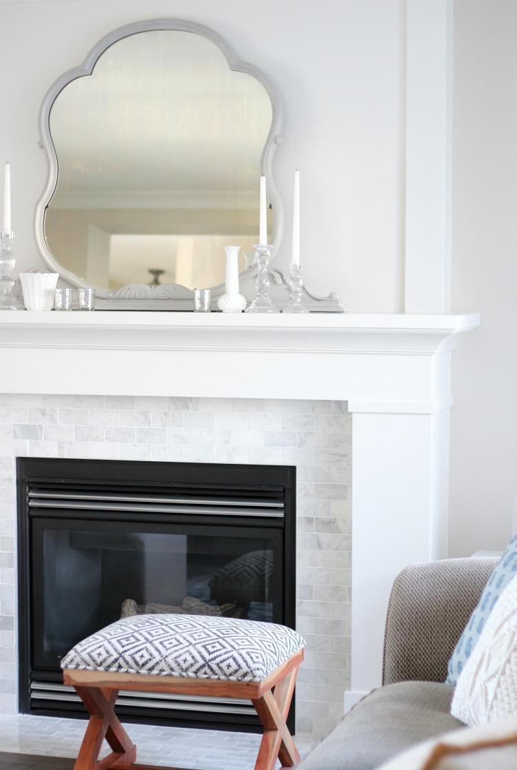 Benjamin Moore White Dove Fireplace Mantel with Marble Subway Tile Fireplace Surround 