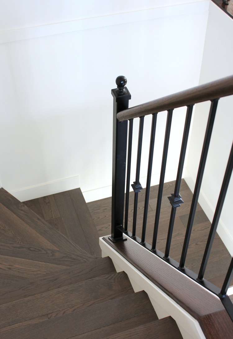 Benjamin Moore White Dove Staircase with White Dove Painted Stair Risers and Dark Oak Treads