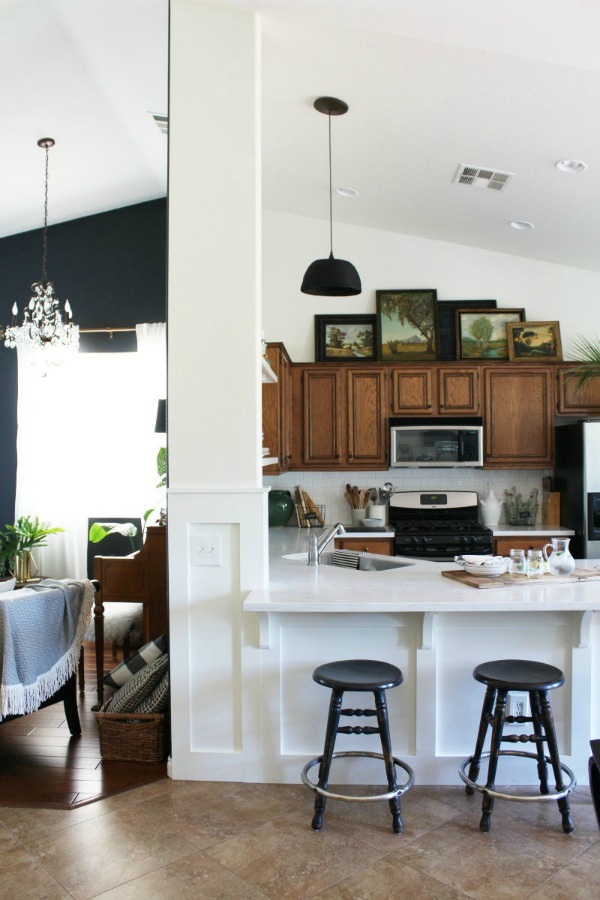 Benjamin Moore White Dove Trim and Open Shelving in the Kitchen - Honey n Hydrangea